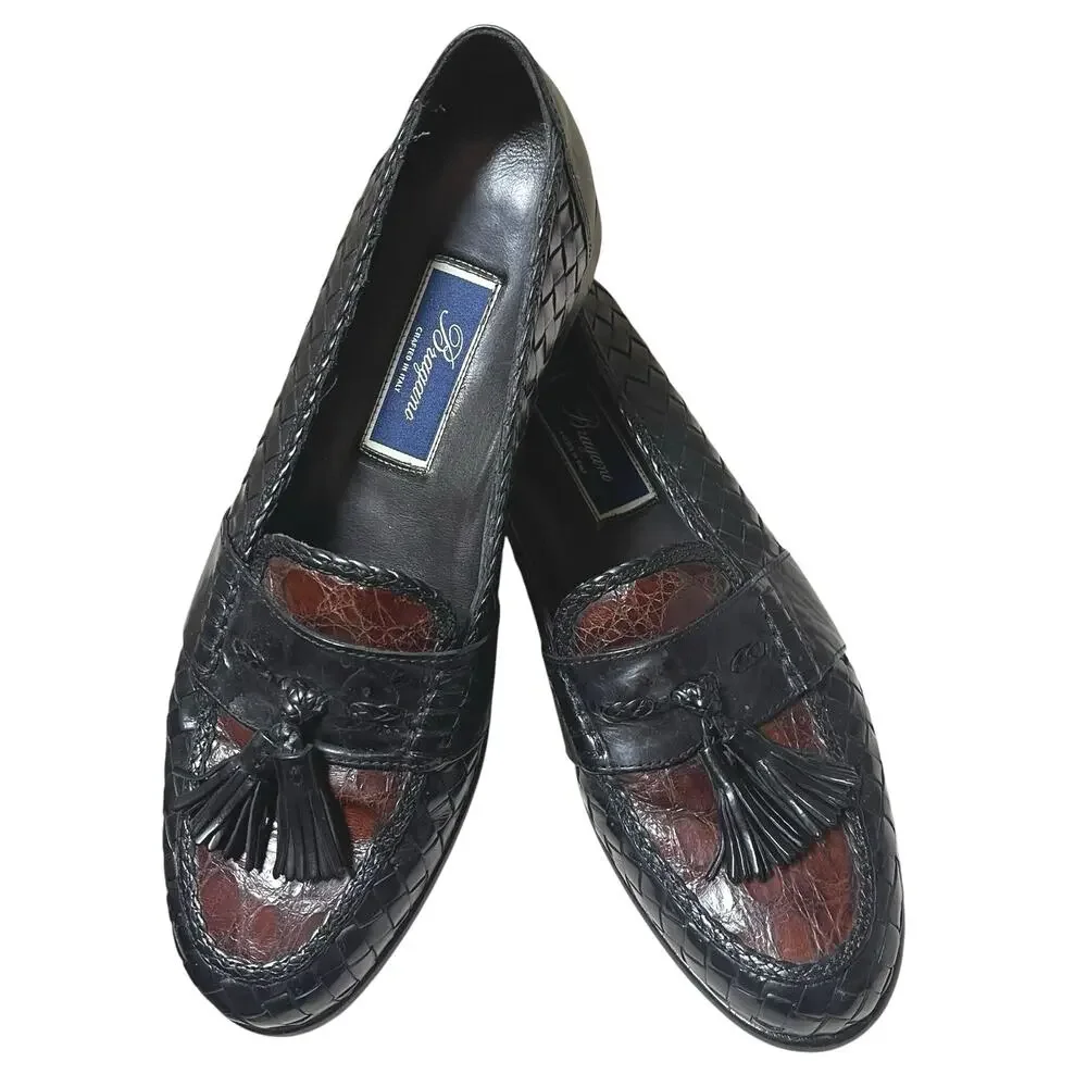 Bragano Crocodile Woven Leather Tassel Loafers Black/Brown Made In Italy 10.5 N